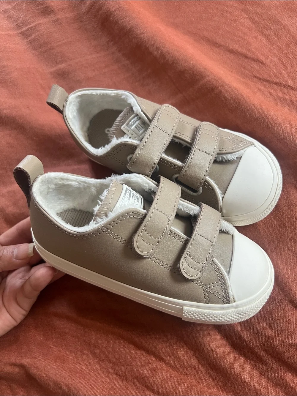 Converse Kids Taupe Sneakers with White Toe and Faux-Fur Lining NEW